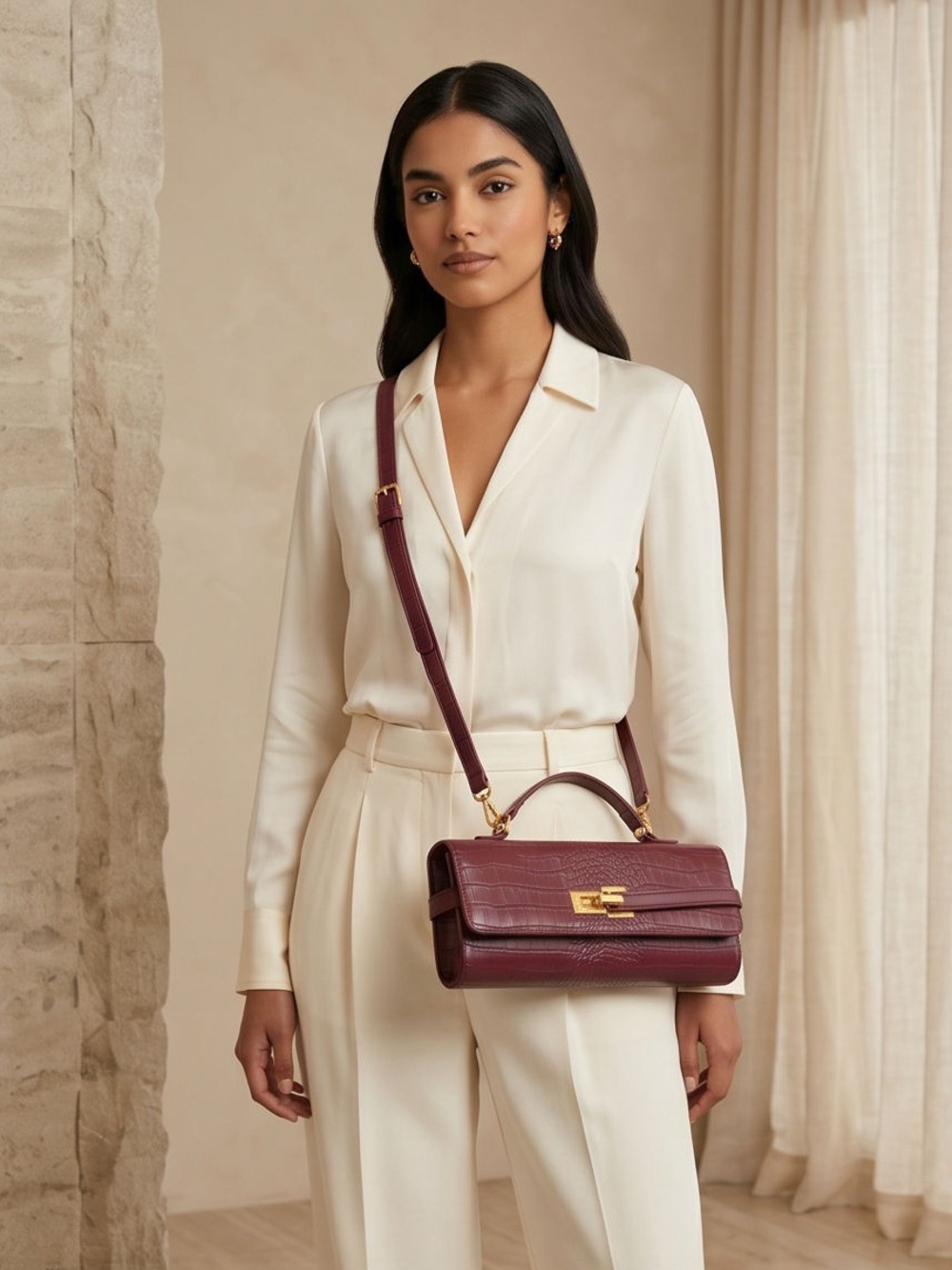 Structured Top-Handle Croc-Embossed Bag in Burgundy - Picture 5 of 6